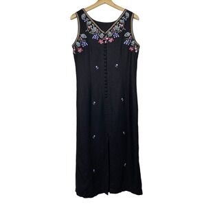 Linen Maxi Shift Dress Women 10P Floral Embroidered Sleeveless Y2K‎ Vtg Modest